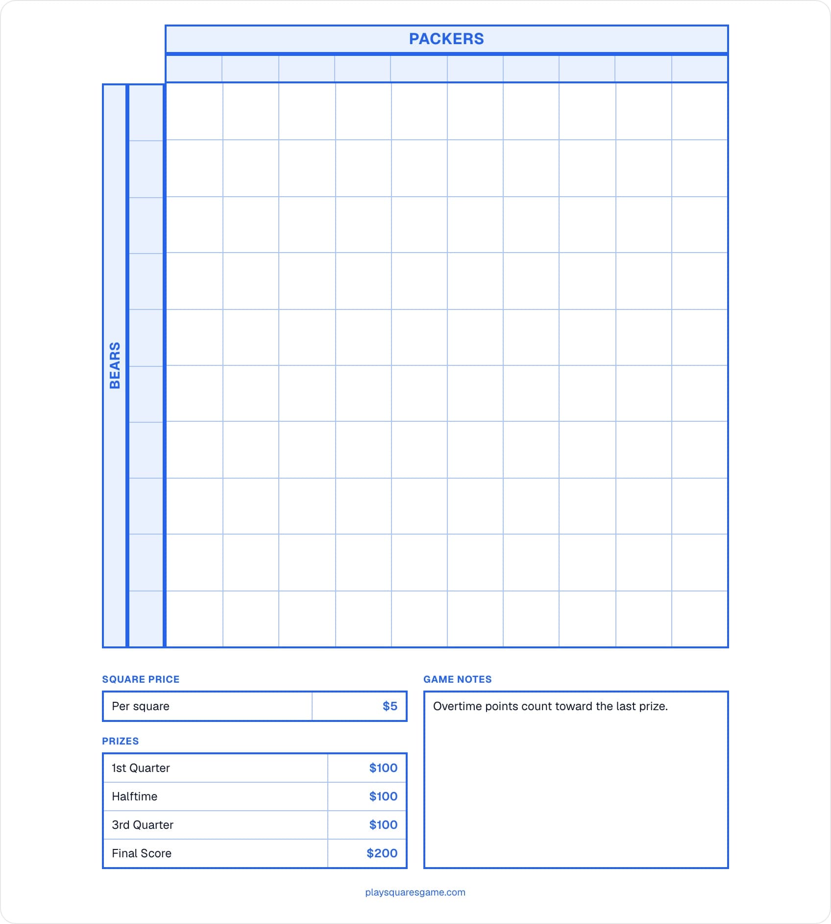 Football squares template filled in for a Packers and Bears game, with a $5 square price, four quarter prizes and a house rule printed on the sheet