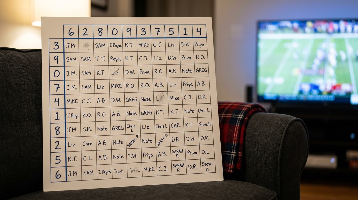 checking a super bowl squares board against the live score