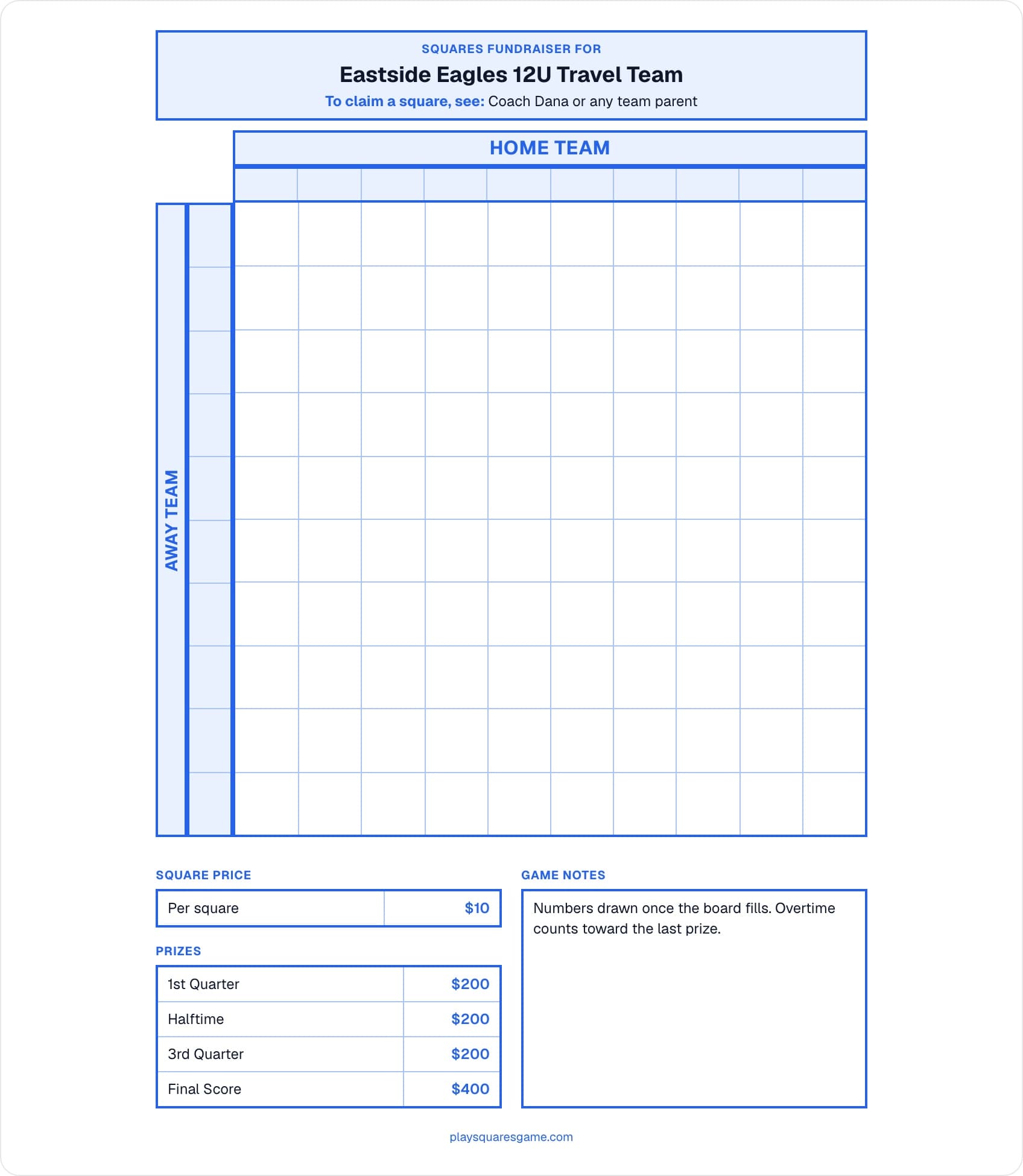 A filled-in Super Bowl squares fundraiser template with the cause and the organizer's own line printed in a banner above the grid